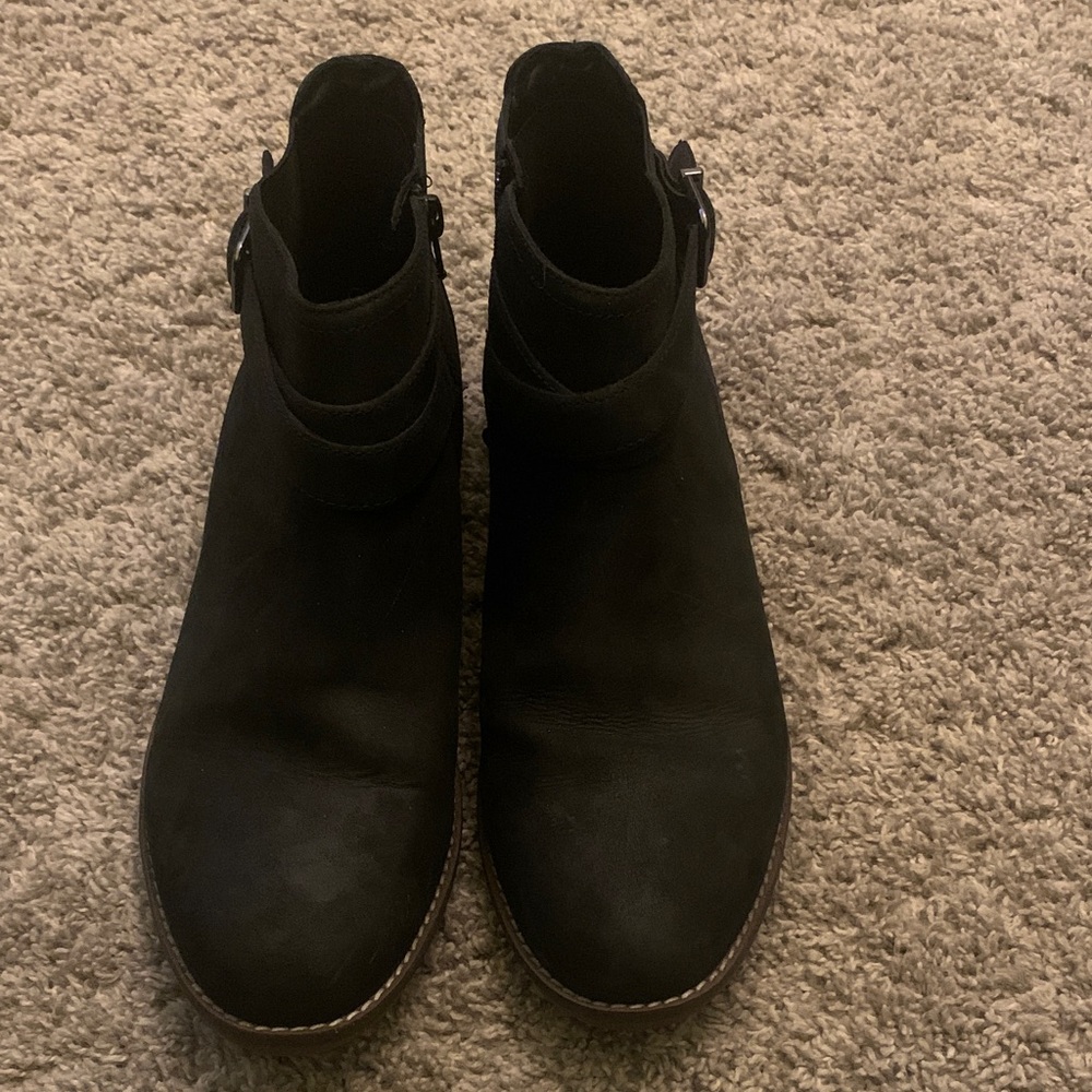 Clarks Black Suede Ankle Booties with Side Buckle, sz 12, women’s
